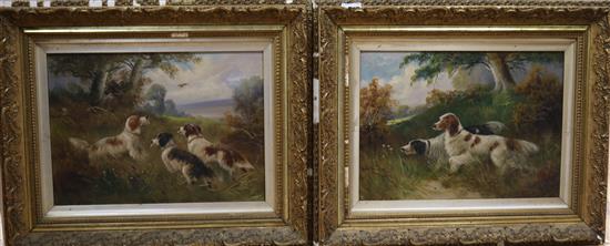 Circle of Cleminson, pair of oils on canvas, setters in landscapes, c.1900, 40cm x 55cm